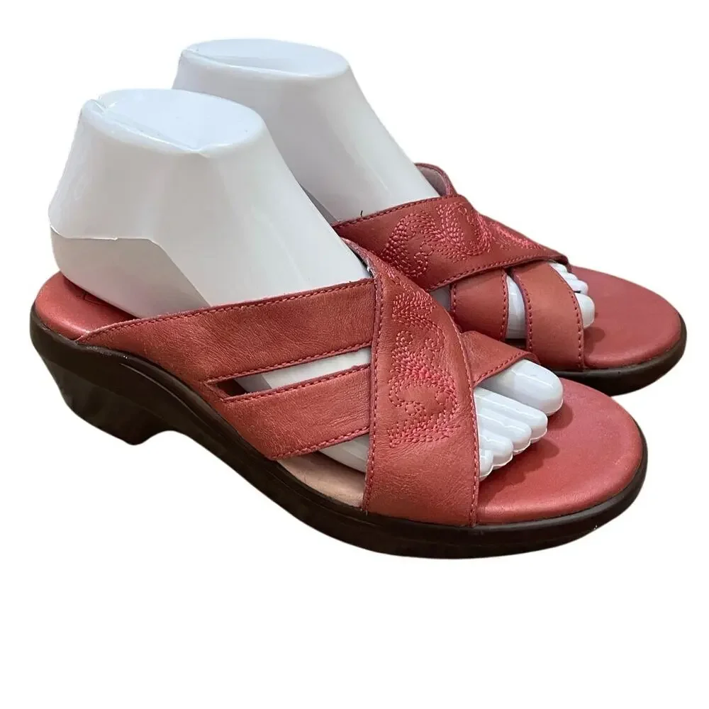 Ariat Leather Slip On Wedge Heel Crossed Decorative Straps Pink Sandals Size 7